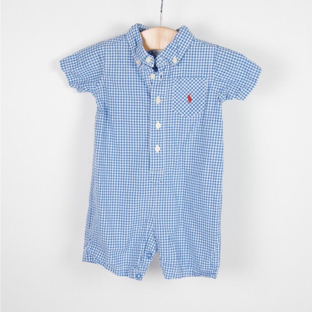 Ralph Lauren Quarter Button Gingham Collared Shortall Blue White Size 6 months